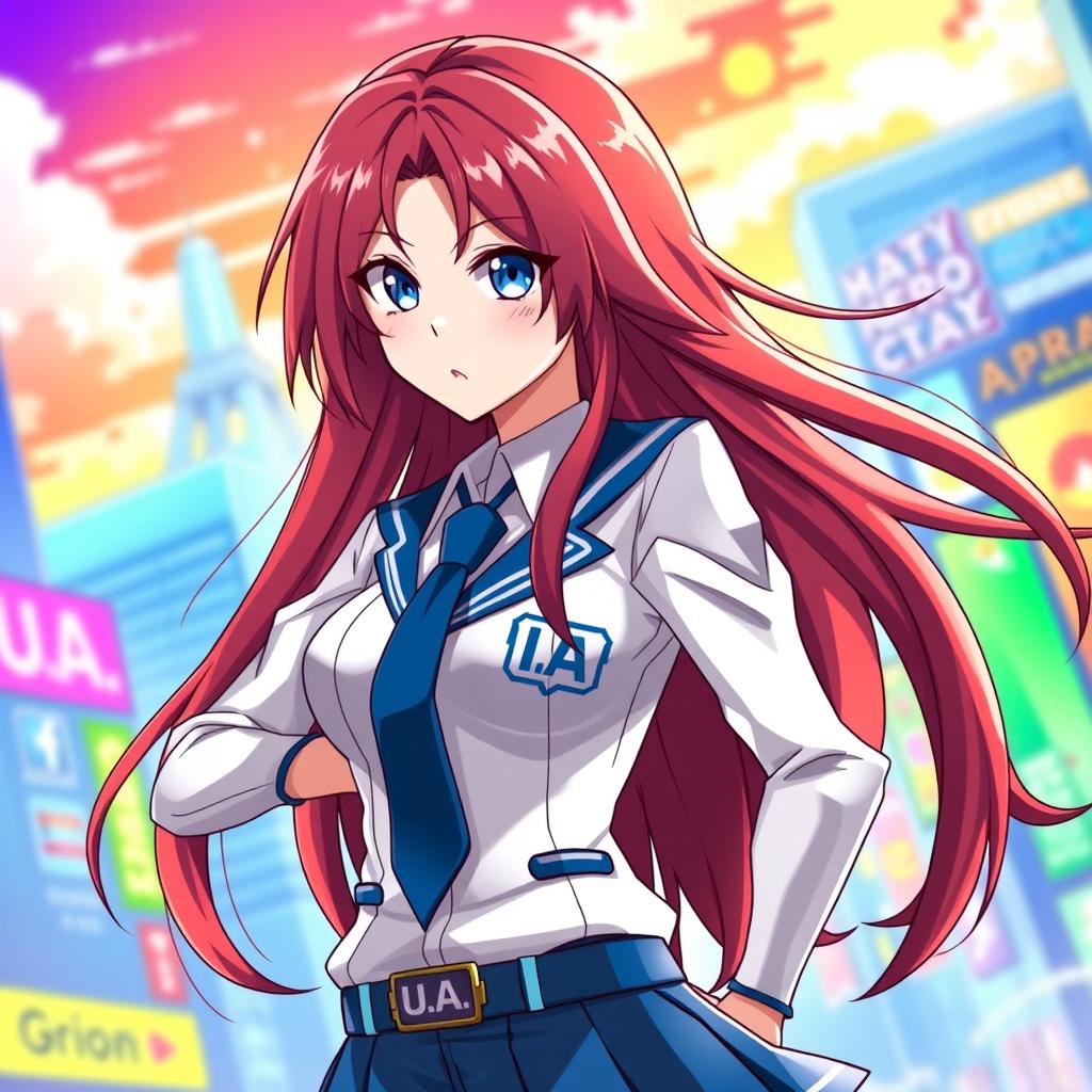 A female character inspired by Boku no Hero Academia, featuring long, flowing red hair and striking blue eyes