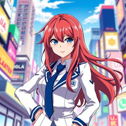 A female character inspired by Boku no Hero Academia, featuring long, flowing red hair and striking blue eyes