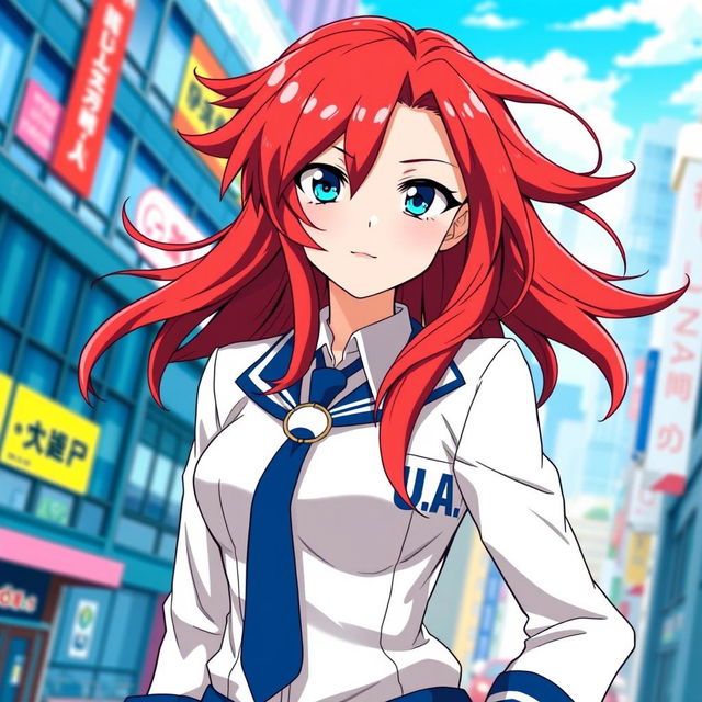 A female character inspired by Boku no Hero Academia, featuring long, flowing red hair and striking blue eyes