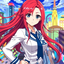 A female character inspired by Boku no Hero Academia, featuring long, flowing red hair and striking blue eyes
