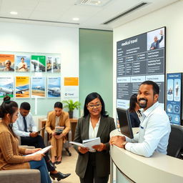 A professional and approachable travel agent office interior, featuring diverse staff engaged in assisting customers