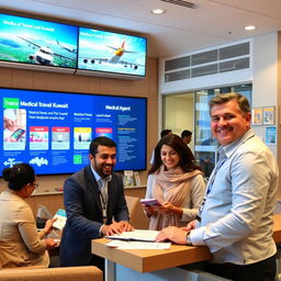A professional and approachable travel agent office interior, featuring diverse staff engaged in assisting customers