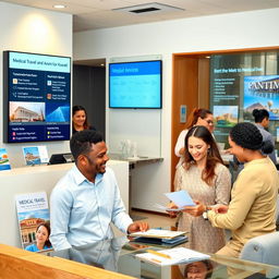 A professional and approachable travel agent office interior, featuring diverse staff engaged in assisting customers
