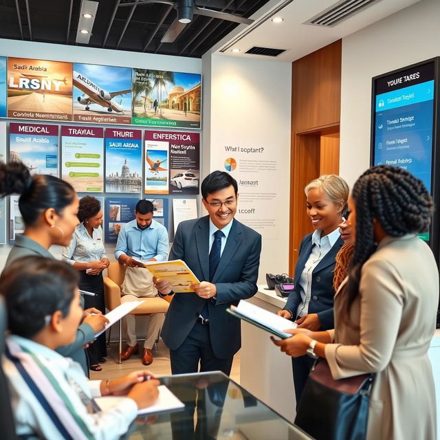 A professional and approachable travel agent office interior, featuring diverse staff engaged in assisting customers