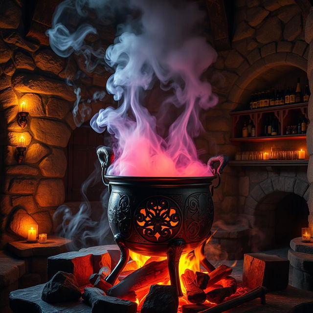 A large, ancient cauldron in a magical room, made of intricately designed iron with mystical patterns, sitting over a roaring fire