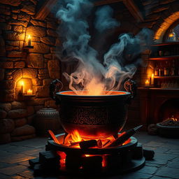 A large, ancient cauldron in a magical room, made of intricately designed iron with mystical patterns, sitting over a roaring fire