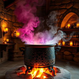 A large, ancient cauldron in a magical room, made of intricately designed iron with mystical patterns, sitting over a roaring fire