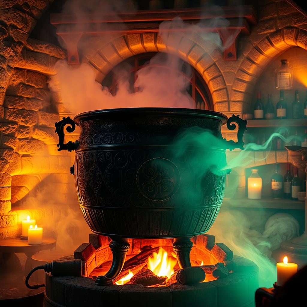 A large, ancient cauldron in a magical room, made of intricately designed iron with mystical patterns, sitting over a roaring fire