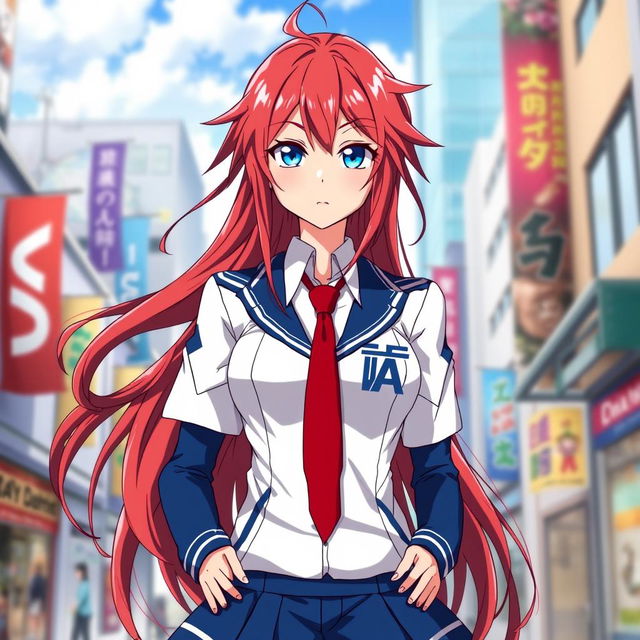 A female character inspired by Boku no Hero Academia, showcasing long, flowing red hair and striking blue eyes