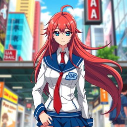 A female character inspired by Boku no Hero Academia, showcasing long, flowing red hair and striking blue eyes