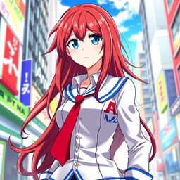 A female character inspired by Boku no Hero Academia, showcasing long, flowing red hair and striking blue eyes