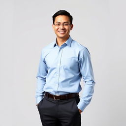 A professional portrait of a confident individual wearing a neatly pressed shirt and tailored pants, standing against a neutral and simple background suitable for a LinkedIn profile