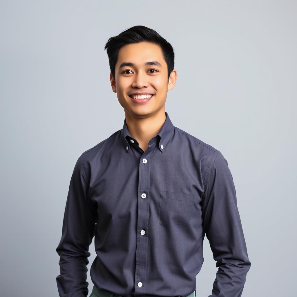 A professional portrait of a confident individual wearing a neatly pressed shirt and tailored pants, standing against a neutral and simple background suitable for a LinkedIn profile