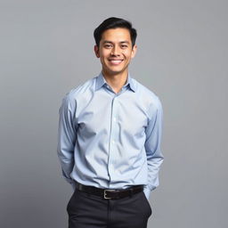 A professional portrait of a confident individual wearing a neatly pressed shirt and tailored pants, standing against a neutral and simple background suitable for a LinkedIn profile