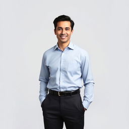 A professional portrait of a confident individual wearing a neatly pressed shirt and tailored pants, standing against a neutral and simple background suitable for a LinkedIn profile