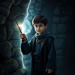 A young, brave character resembling Harry Potter standing in a dark, mysterious environment, holding a wand towards a stone wall