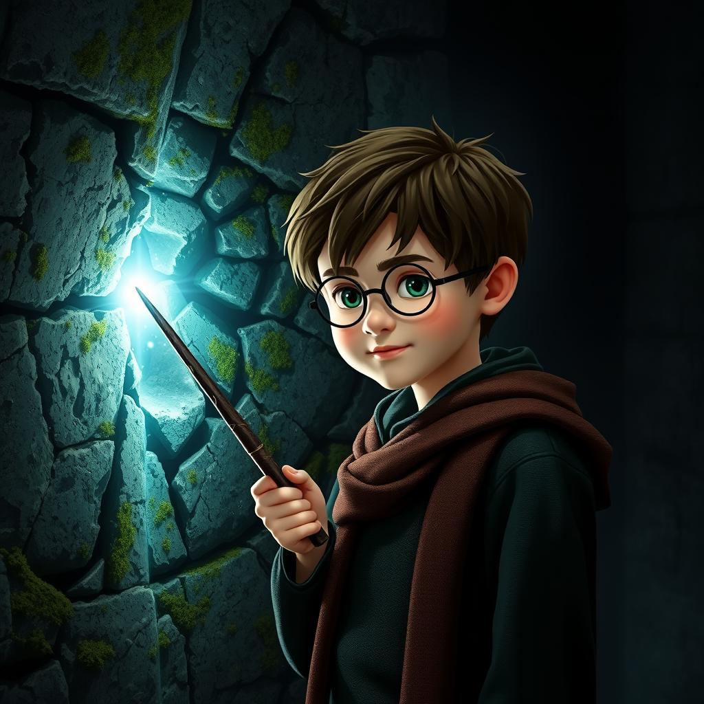 A young, brave character resembling Harry Potter standing in a dark, mysterious environment, holding a wand towards a stone wall