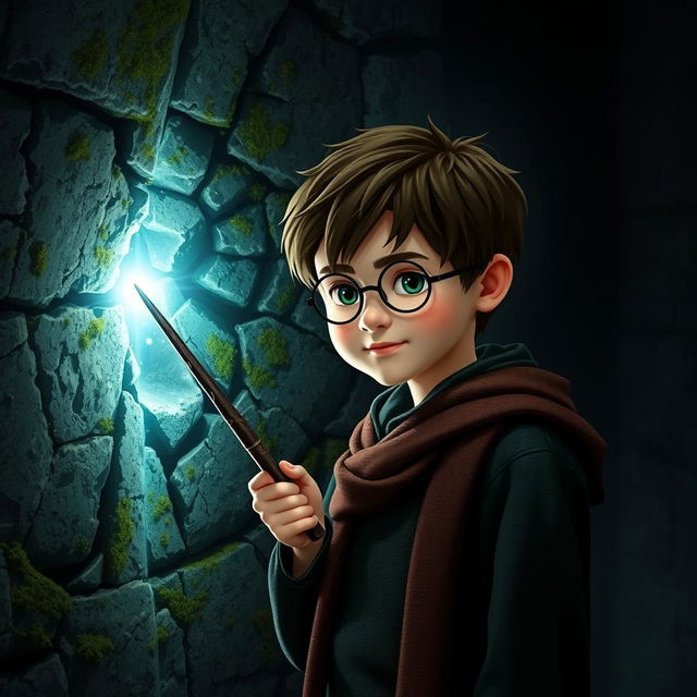 A young, brave character resembling Harry Potter standing in a dark, mysterious environment, holding a wand towards a stone wall