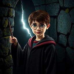 A young, brave character resembling Harry Potter standing in a dark, mysterious environment, holding a wand towards a stone wall