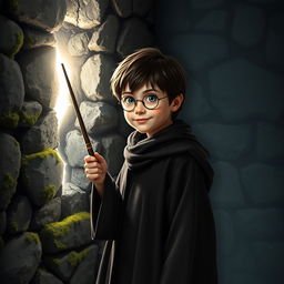 A young, brave character resembling Harry Potter standing in a dark, mysterious environment, holding a wand towards a stone wall