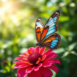 A stunning close-up photograph of a realistic butterfly resting on a vibrant wildflower in a lush natural setting