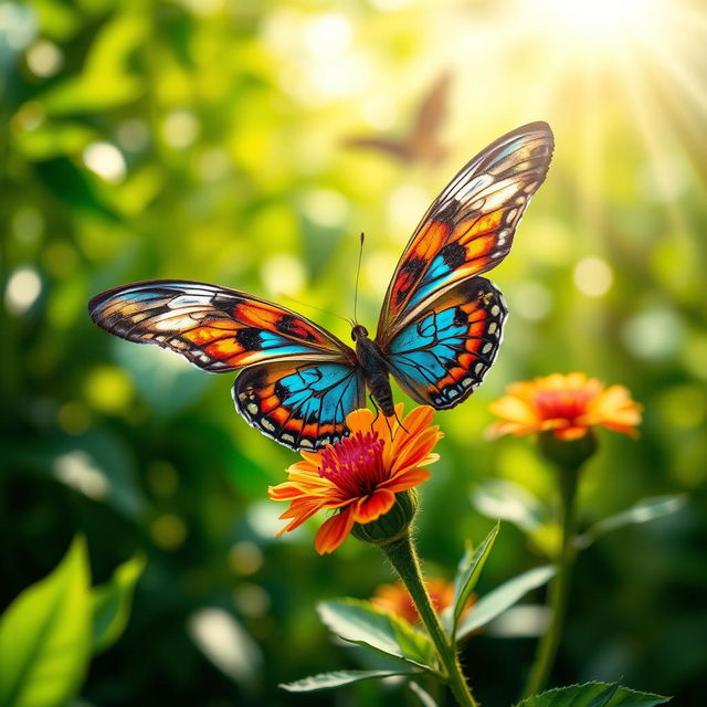 A stunning close-up photograph of a realistic butterfly resting on a vibrant wildflower in a lush natural setting