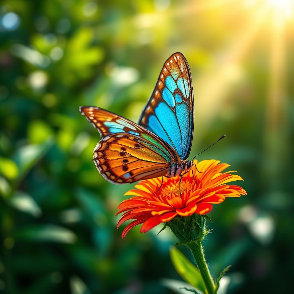 A stunning close-up photograph of a realistic butterfly resting on a vibrant wildflower in a lush natural setting