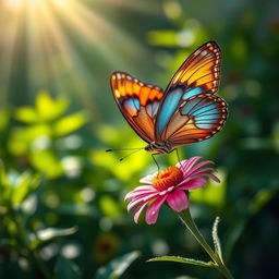 A stunning close-up photograph of a realistic butterfly resting on a vibrant wildflower in a lush natural setting