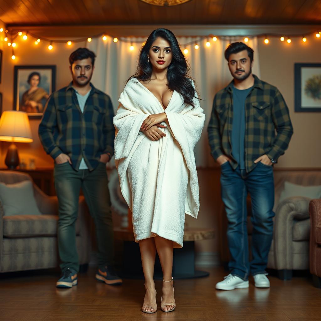 In an engaging 1992 scene, a small, sexy British Bengali woman, confidently wrapped in a plush towel that gracefully reveals her legs, stands assertively in front of two men