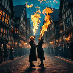 Two wizard characters in the middle of a beautiful old city, reminiscent of the Harry Potter films, facing each other with their wands raised towards the sky
