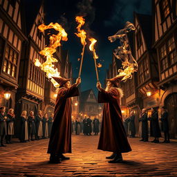 Two wizard characters in the middle of a beautiful old city, reminiscent of the Harry Potter films, facing each other with their wands raised towards the sky