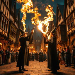 Two wizard characters in the middle of a beautiful old city, reminiscent of the Harry Potter films, facing each other with their wands raised towards the sky