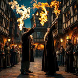 Two wizard characters in the middle of a beautiful old city, reminiscent of the Harry Potter films, facing each other with their wands raised towards the sky