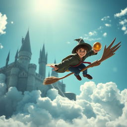A young and brave character resembling Harry Potter, flying on a Quidditch broom over a bright blue sky filled with white clouds