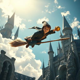 A young and brave character resembling Harry Potter, flying on a Quidditch broom over a bright blue sky filled with white clouds