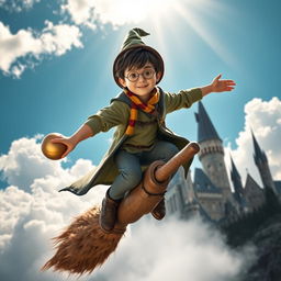 A young and brave character resembling Harry Potter, flying on a Quidditch broom over a bright blue sky filled with white clouds