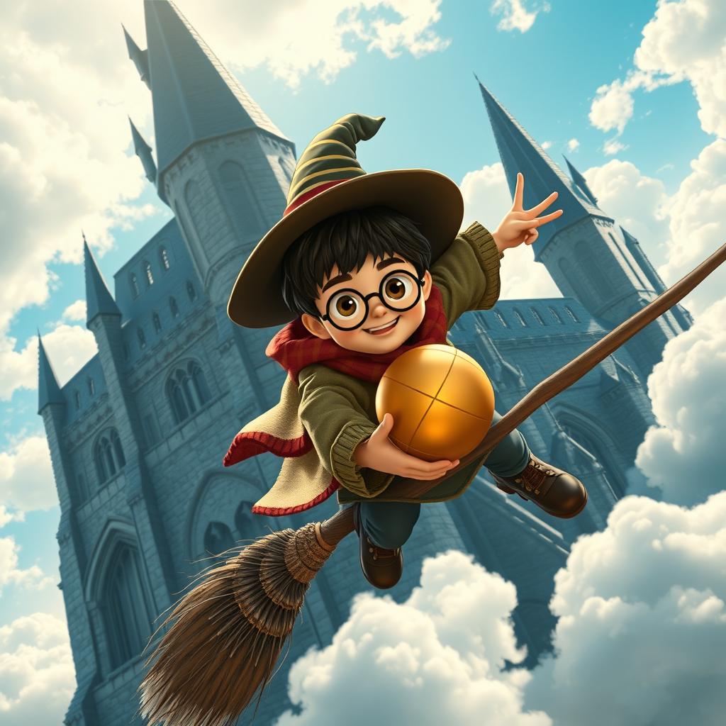 A young and brave character resembling Harry Potter, flying on a Quidditch broom over a bright blue sky filled with white clouds