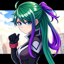 A female character inspired by Boku no Hero Academia, featuring striking blue eyes and long hair that is predominantly green with a gradient that transitions to purple at the ends