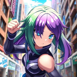 A female character inspired by Boku no Hero Academia, featuring striking blue eyes and long hair that is predominantly green with a gradient that transitions to purple at the ends