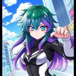 A female character inspired by Boku no Hero Academia, featuring striking blue eyes and long hair that is predominantly green with a gradient that transitions to purple at the ends