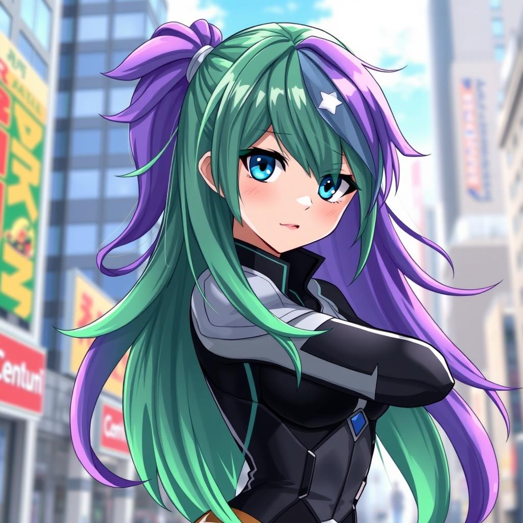 A female character inspired by Boku no Hero Academia, featuring striking blue eyes and long hair that is predominantly green with a gradient that transitions to purple at the ends