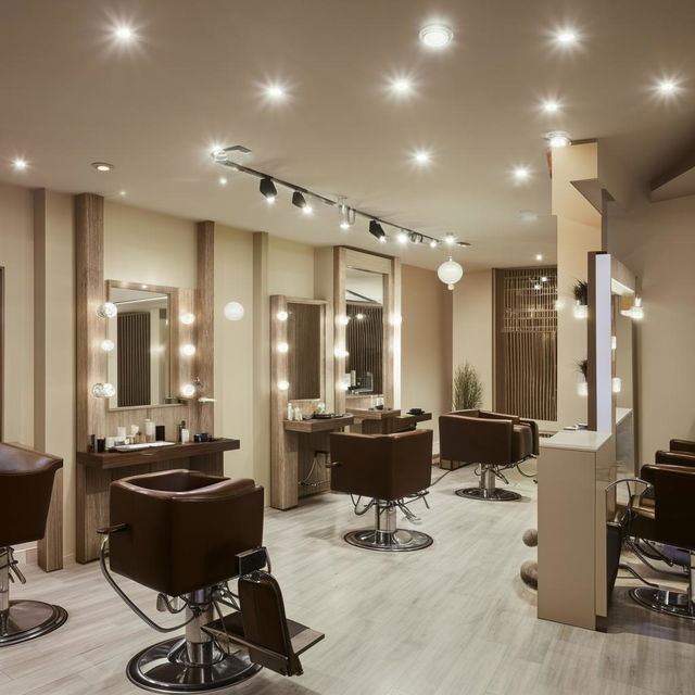 An elegant saloon interior featuring distinct areas for hair cutting, hair washing, manicure and pedicure, facial treatments, and a makeup area. Capturing a stylish and modern design.