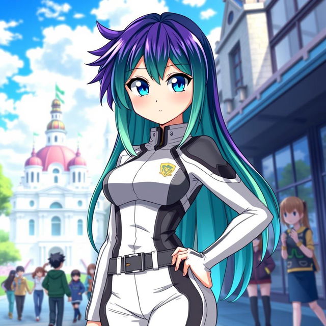 A female character inspired by Boku no Hero Academia, featuring stunning blue eyes and long hair that is green with a gradient transitioning to purple at the ends