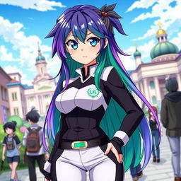 A female character inspired by Boku no Hero Academia, featuring stunning blue eyes and long hair that is green with a gradient transitioning to purple at the ends