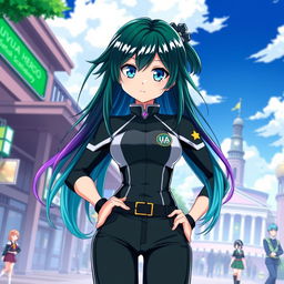 A female character inspired by Boku no Hero Academia, featuring stunning blue eyes and long hair that is green with a gradient transitioning to purple at the ends