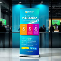 A vibrant and eye-catching roll-up banner design featuring a modern professional setting