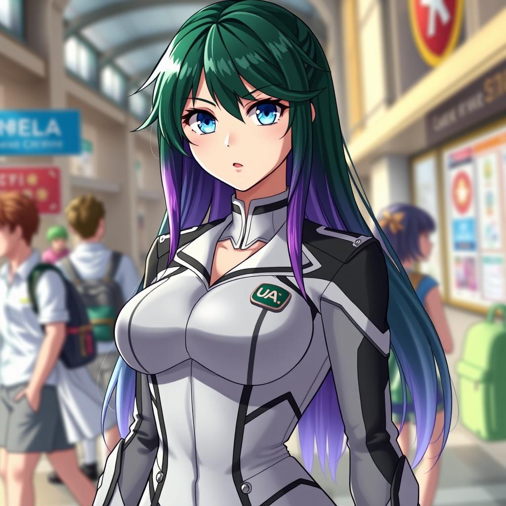 A female character inspired by Boku no Hero Academia, featuring captivating blue eyes and long hair that is green with a gradient that transitions to purple at the ends