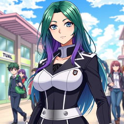 A female character inspired by Boku no Hero Academia, featuring captivating blue eyes and long hair that is green with a gradient that transitions to purple at the ends
