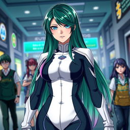 A female character inspired by Boku no Hero Academia, featuring captivating blue eyes and long hair that is green with a gradient that transitions to purple at the ends