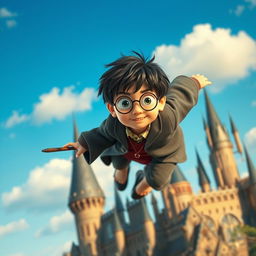 A boy resembling Harry Potter flying on a Quidditch broomstick high above the sky, with the beautiful Hogwarts castle in the background